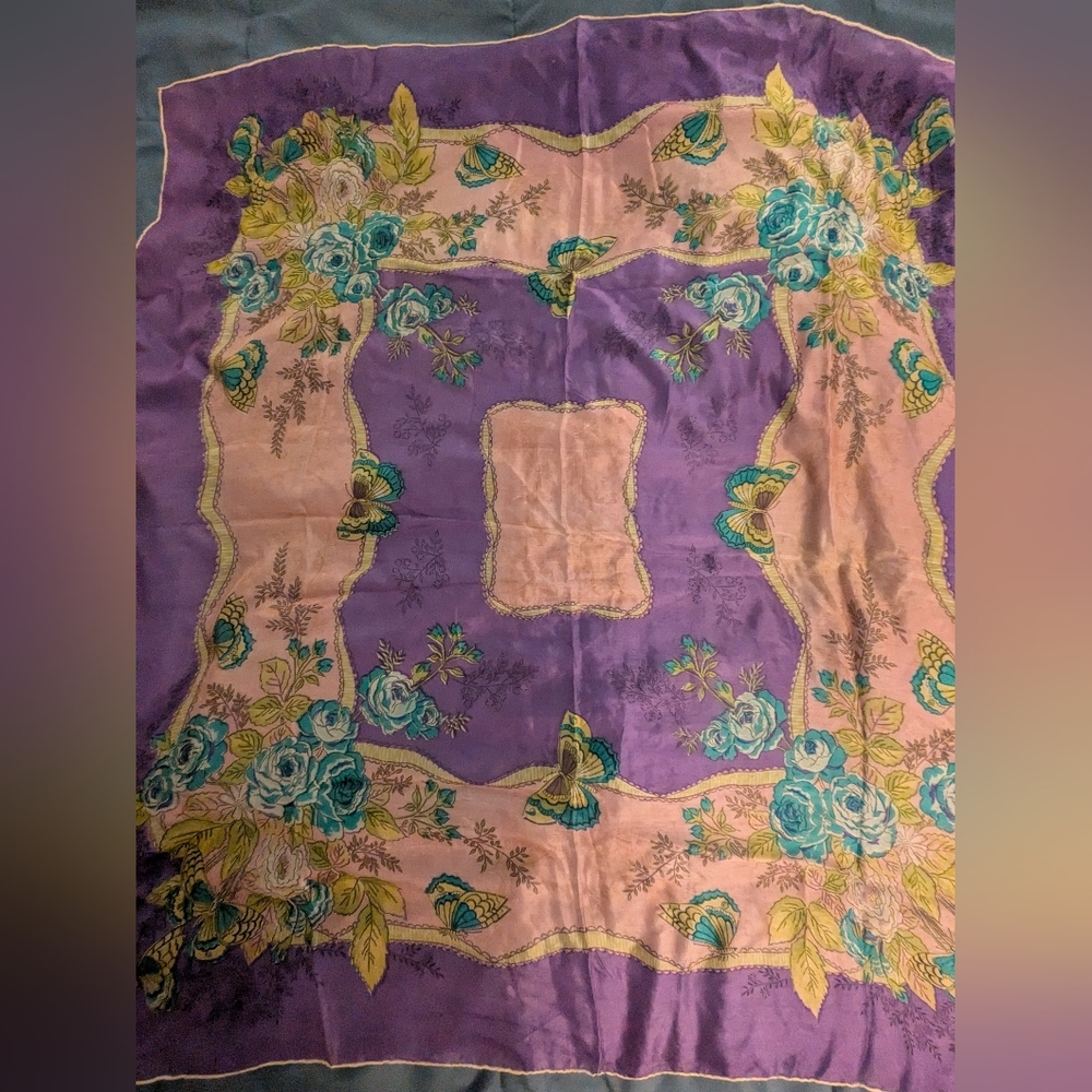 Vintage 100% Silk Scarf Floral And Butterfly